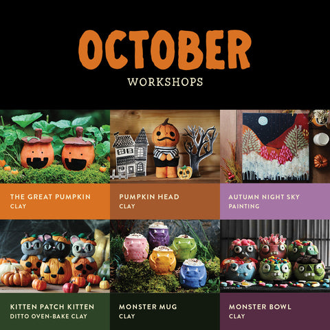 October Adult & Family | Self-Paced Workshops & Glazing {special member pricing for $6/hr self-paced workshops and $5/hr for glazing}